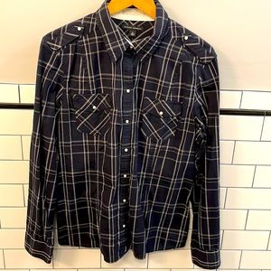 Banana Republic navy & white windowpane snap button down shirt, size XL